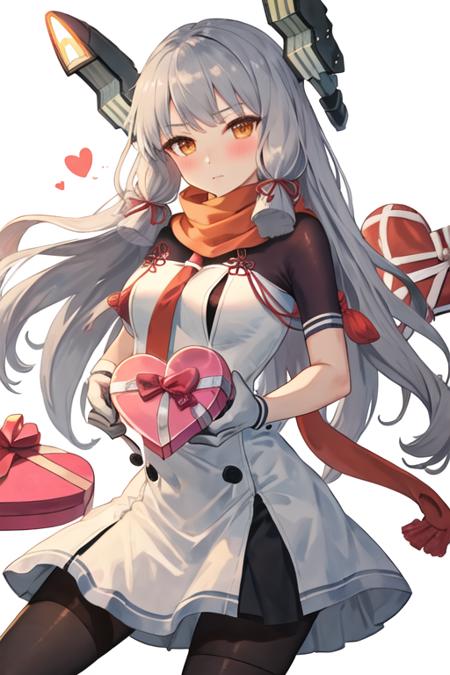 best quality, masterpiece, highres, solo, {murakumo_kantaicollection:1.15}, long_hair, hair_ribbon, ribbon, headgear, bangs, grey_hair, sidelocks, blunt_bangs, tress_ribbon, orange_eyes, necktie, blush, 1girl, box, dress, gift, gloves, heart-shaped_box, sailor_dress, scarf, valentine, white_gloves, heart, looking_at_viewer, pink_scarf