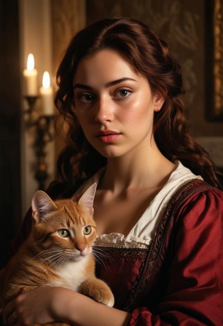 (((masterpiece, perfect Caravaggio's closeup portrait of a very beautiful girl, subtle smiling, with light skin imperfections and some freckles))). She's petting a cute red kitten on her laps. Inside an ancient noble Roman house of 1700 with rich furniture and curtains. Twilight warm and calm atmosphere. Precious warm colored fabrics for her elegant outfit.
Wide angle lens, ((low angle shot)), ((full figure shot)), perfectly detailed scene, extreme realism.
((Carachters illuminated only by warm soft candle light, dark shadows)), artistic framing, low saturation, low contrast, ((soft focus)).