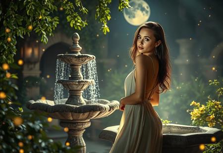 (Moonlit Whispers), Enchanting Romance, 8K Resolution: In the heart of a lush garden bathed in moonlight, a woman stands leaning against an ancient stone fountain. Her body is adorned with a flowing slip dress that clings to her form and cascades down in fluid lines. Fireflies dance around her, their flickering light adding to the ethereal atmosphere. As she turns her head slightly over her shoulder, her eyes widen as if captivated by a secret shared just moments ago. The air is thick with romance and intrigue—an intimate moment frozen in time for viewers to explore at leisure. Every detail comes alive under the magnifying lens of 8K resolution: from the delicate texture of fabric hugging her curves to the way shadows play across her features, creating a mesmerizing image that invites us into this enchanted scene.