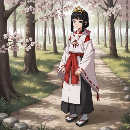 Shizuku,1girl,black hair,low ponytail,hair ribbon,green eyes, very long hair, tiara, miko, hakama,tabi,