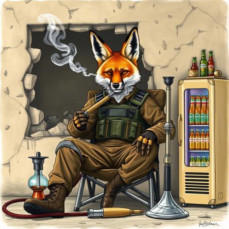 a humanoid fox in brown camouflage clothing and a bulletproof vest sits in a camping chair and smokes a hookah, a hookah mouthpiece in his hand, a hookah flask on the floor, a tall hookah stands next to him, a camping refrigerator with beer stands next to him, medium shot, full face, looking into the camera, not realistic, drawing, destroyed wall behind him, normal-sized head, best quality, masterpiece, high detail