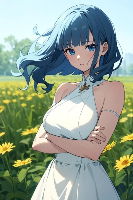 masterpiece, best quality, cute,
medium hair, [blue | blonde] hair, [blue | yellow] eyes, wavy hair, blunt bangs, large breasts, dress, bare shoulders, flower, crossed arms,
depth of field, field,