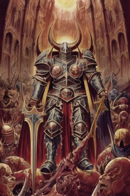 chaos warrior, (masterpiece), absurdres, (absurdly detailed:1.2), undivided, 2D, solo, best quality, dirty, bloodstained, <lora:chaoswarrior:1>, dirty armor, satanic