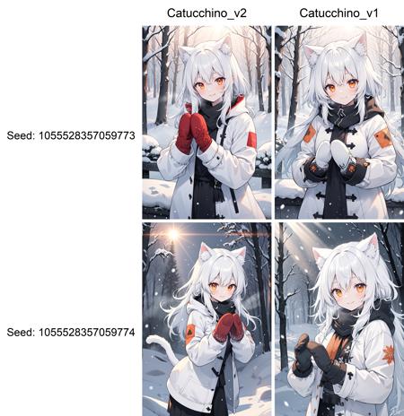 (best quality:1.05), 1girl, winter clothes, detailed clothes, high quality winter clothes, intricate detail, mittens, smiling, cold, forest, snow, snowing, sun rays, shining, dawn, setting sun, cat ears, orange eyes, white winter jacket with red details, dynamic lighting, intricate detail, white hair,