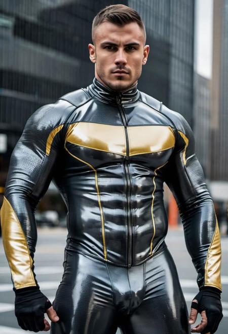 a strong  28-year-old american supervillain bodybuilder male, with short hair,  glazed face, evil expression, wearing a skin tight latex jockstrap, wearing a skin tight dark-gray latex supervillain suit with gold latex details. standing at attention posture, on a modern street, looking to the camera, detailed face, Cinematic, Photoshoot, Shot on 25mm lens, Depth of Field, Tilt Blur, Shutter Speed 1/1000, F/22, White Balance, 32k, Super-Resolution, Pro Photo RGB, Half rear Lighting, Backlight, Dramatic Lighting, Incandescent, Soft Lighting, Volumetric, Conte-Jour, Global Illumination, Screen Space Global Illumination, Scattering, Shadows, Rough, Shimmering, Lumen Reflections, Screen Space Reflections, Diffraction Grading, Chromatic Aberration, GB Displacement, Scan Lines, Ambient Occlusion, Anti-Aliasing, FKAA, TXAA, RTX, SSAO, OpenGL-Shader s, Post Processing, Post-Production, Cell Shading, Tone Mapping, CGI, VFX, SFX, insanely detailed and intricate, hyper maximalist, elegant, dynamic pose, photography, volumetric, ultra-detailed, intricate details, super detailed, ambient