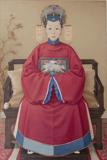 best quality, highres, painting of 1 female,  full body, red Chinese clothes, hanfu, blue collar, xiaoxiang,  <lora:Xiang:0.9>, elaborate jewelry crown