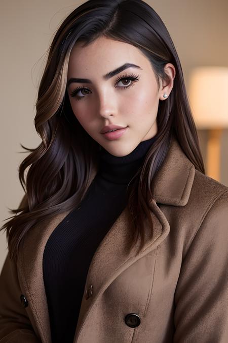 photo of (4ndr34b0t3z:0.99), a woman, RAW, close portrait photo, long brown coat, turtleneck sweater, trousers, (high detailed skin:1.2), 8k uhd, dslr, soft lighting, high quality, film grain, Fujifilm XT3 sharp focus, f 5.6