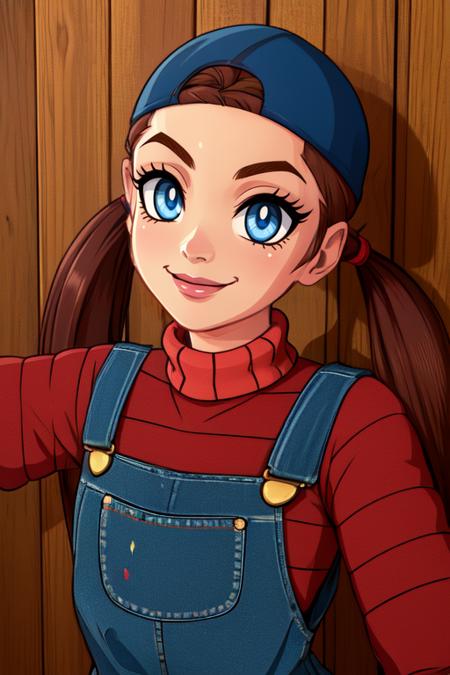 shorty, blue eyes, low twin tails, 
denim overalls, red striped sweater, sleeves past wrists , backwards hat, 
standing, upper body, smile, 
giant lake, fantasy, wooden platform, 
 (insanely detailed, beautiful detailed face, masterpiece, beautiful detailed eyes, best quality) 
 <lora:shorty-10:0.7>