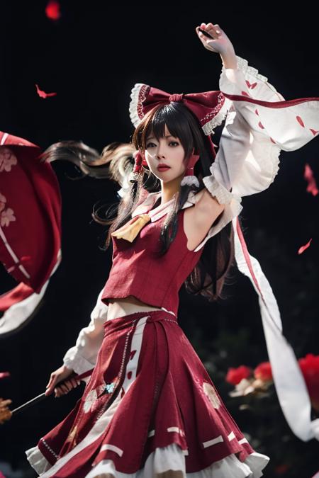 best quality, masterpiece, real,realistic, photo,photorealistic,looking at viewer, 
1girl, beautifly face,hakurei reimu \(cosplay\), miko,
magic circle, dynamic pose,floating,mid air,depression,dim light,rim light,moody lighting,expressionless,arms up,from below,red flower,print,pattern,
<lora:hakurei reimu cosplay_728_V3_07:0.6>