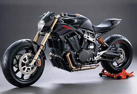 The image depicts a sleek, futuristic motorcycle with an aggressive and angular design. The bike is painted in a matte black finish, emphasizing its sharp, aerodynamic contours. The front end features a pair of menacing, slit-like headlights, complementing the overall beast-like appearance. The tires are oversized and heavily treaded, suggesting high performance and excellent road grip. The exposed engine and mechanical components are intricately detailed, showcasing advanced engineering. The seat is streamlined and compact, designed for solitary high-speed rides. The background is a neutral gradient, ensuring all attention remains on the motorcycle's cutting-edge aesthetics. <lora:xl_more_art-full_v1:1> <lora:detailed_notrigger:1>