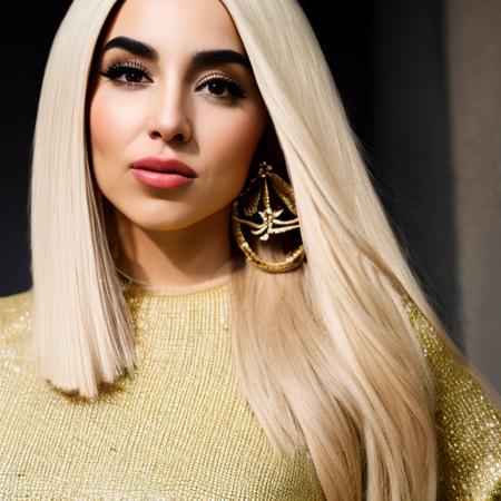 a Realistic portrait of a ava max woman with brown eyes, looking at the viewer, detailed face, detailed eyes, (smiling showing teeth:1.1), perfect slim body, modelshoot style, hand on own shoulder, wearing a red sweater with long sleeves, wearing gold earrings and jewelry, soft lighting, professional Photography, Photorealistic, detailed, standing in a dark Studio Room background, blurred background, RAW, analog, sharp focus, 8k, HD, DSLR, high quality, Fujifilm XT3, film grain, award winning, masterpiece  <lora:ava max v1.4:1>