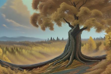 High detail landscape painting in the style of b0b <lora:BobRoss1:0.75>, huge twisted tree trunk with autumn foliage, rolling hills and forests in the distance,
8k high definition, highest quality, masterpiece, best quality, 8k, HDR, beauty, ultra-detailed, amazing,