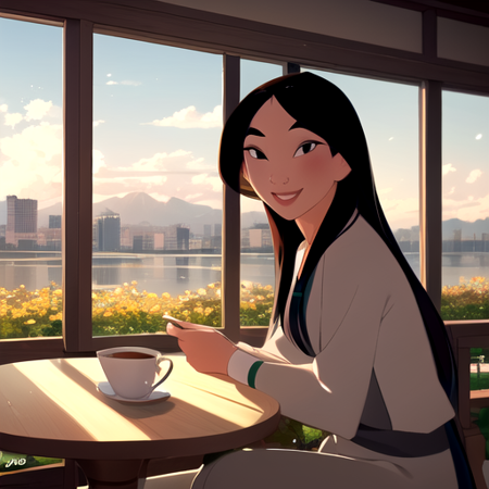 Masterpiece, Best quality, <lora:Mulan:1>, Mulan, 1girl, solo, long hair, black hair, long sleeves, white shirt, pants, black eyes, looking at viewer, smile, (cute), style parody, (joy), sitting, table tea, cup, holding, steam
BREAK
[clouds], trees, pretty, [sun], flowers,  (Chinese architecture, city) mountains, (Chinese garden), 8K, RAW, sharp focus, (dynamic shot:1.3), highres, looking at viewer, (timeless beauty:1.4), A Beauty Shot, photoshop \(medium\), candid, intricate, (ultra detailed), (spot lighting:1.3), (warm colors:1.2), (highly detailed), 