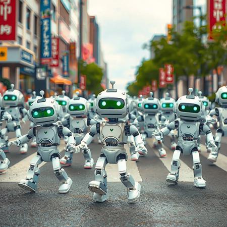 Many little cute robots dancing in the street.