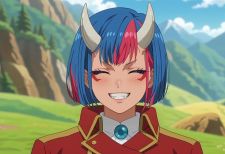 GobwaTS short hair, multicolored hair, streaked hair, blue hair, pink hair, orange eyes, white horns, facial mark, fangs red jacket, white shirt, black necktie, pencil skirt, red skirt, black belt, thigh boots, black footwear