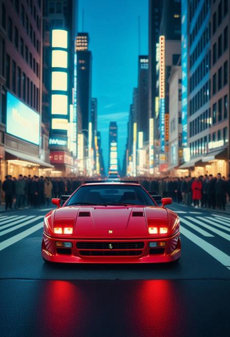 (made of RGB Keyboard:1.3), Red Ferrari F40, 1980s, in New York city street, blue sky, cinematic, cinematic lighting, (masterpiece, best quality:1.4), ultra-high res, 4k, insanely detailed, sfw,