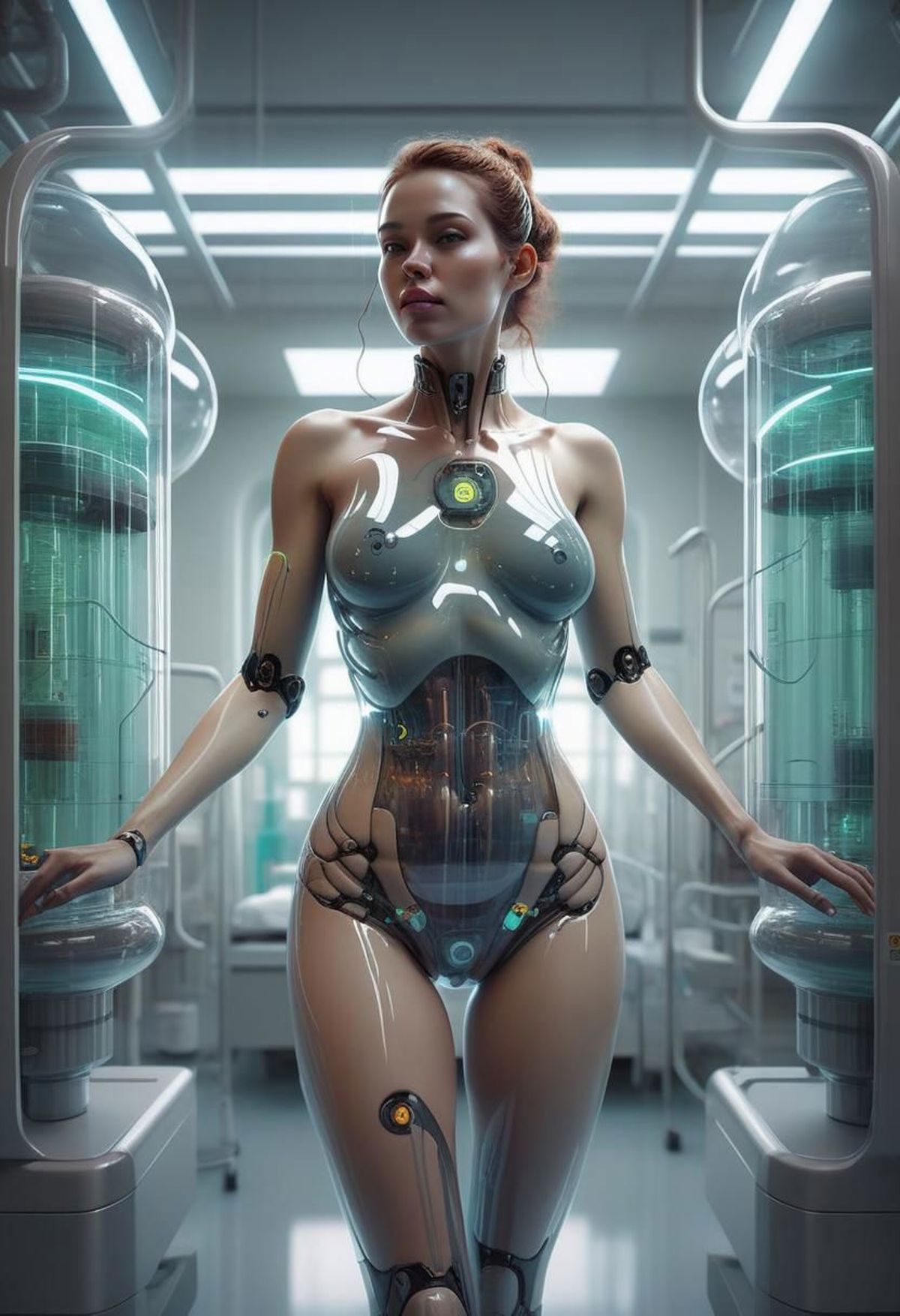 A robotic woman with a metal body and a plastic face standing in a room with refrigerators.