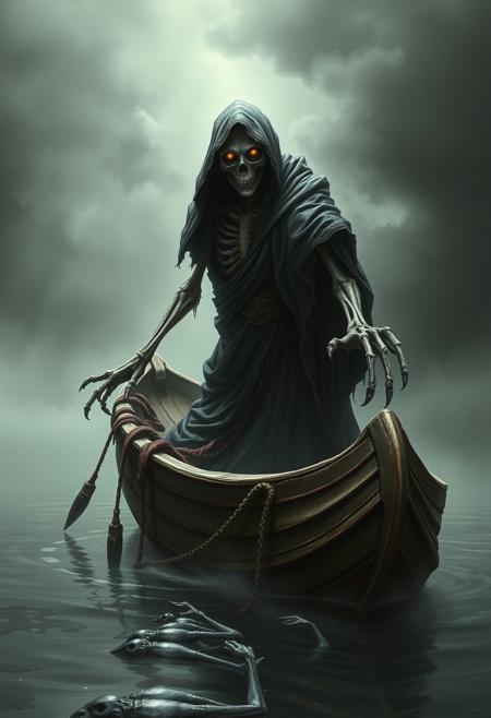 "Depict Charon, the ferryman of the afterlife from Dungeons & Dragons, as a skeletal figure with glowing eyes peering out from beneath a dark hood that he never removes. His face is haggard and skull-like, etched with the wear of countless eons. He is clad in tattered royal robes of ermine and silk, their faded elegance hinting at a regal yet decayed past. His hands are bony claws, one outstretched as if demanding payment, while his webbed feet grip the edge of his ancient, weathered boat, moored on the misty banks of the River Styx. The river stretches into the distance, its dark waters shrouded in thick, swirling mist. Ghostly silhouettes of souls linger on the shore, their hollow gazes fixed on Charon, awaiting passage. The scene is bathed in a faint, spectral light that reflects off the water, casting eerie shadows and creating an oppressive, otherworldly stillness. Charon’s presence radiates a cold, malevolent cunning, marking him as the merciless ruler of the Styx."