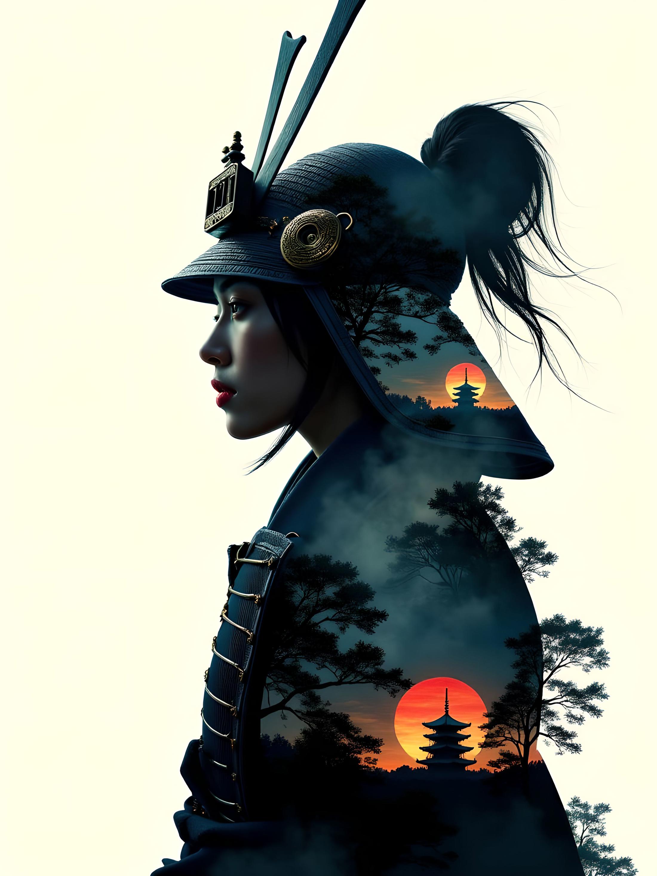 masterpiece, double exposure, silhouette of a stunning Japanese woman in traditional japanese armour, filled with a shinto temple, highest definition, HD32K, wallpaper, crisp lines, double exposure background, hyperdetailed, concept art. aidmaimageupgrader, aidmaMJ6.1m, detailmaximizer <lora:aidmaImageUpgrader-FLUX-V0.2:1.0> <lora:flux.1_lora_flyway_Epic-detail_v2:0.8> <lora:aidmaMJ6.1_aidmaMJ6.1-FLUX-v0.4:0.4> <lora:v1v1dr34m:0.7>