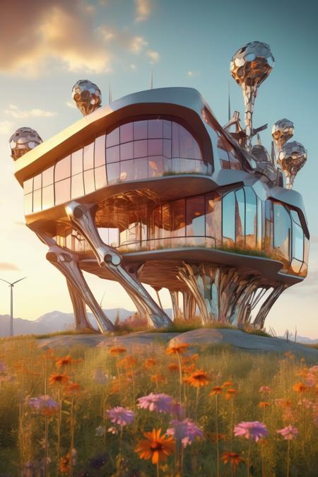 <lora:Filip Hodas Style:1>Filip Hodas Style - photograph of realistic futuristic walking house with stilt robot legs in style of antonio gaudi. lots of big windows and wavy shaped rooftop. stone chimney. stain glass windows. large meadow of wildflowers with green mountains in the background. morning sunrise. epic. maximalist design and detail. modern solar panel arrays on rooftop and multiple 3 blade wind turbines on the rooftop spires. sunrise lighting