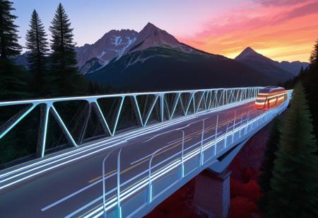 score_9, score_8_up, score_7_up , colorful , bridge made of  wires outlined with wires and neon, sunset, (red sky:1.1), kristal clear streaming water, pine trees, mountains, local road, futuristic electric train,  golden hour lighting, Photo realistic, Natural atmospheric lighting, intricate details, 35mm photograph, film, professional, 32k visuals, highly detailed, (train on the bridge behind the safety rail:1.7), close up, (mountain tops made of white neon:3), end_tripwire_morph.