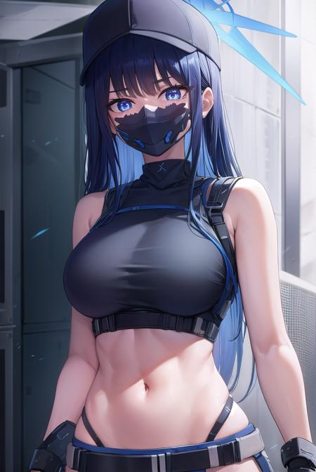 saori joumae, blue eyes, blue hair, halo, long hair, mask, mouth mask, bare arms, bare shoulders, belt, black headwear, black pants, black shirt, blue gloves, crop top, gloves, leggings, midriff, navel, pants, shirt, sleeveless, sleeveless shirt,