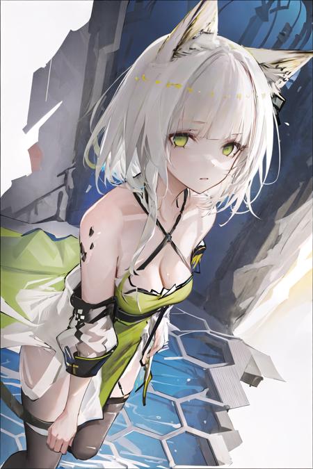 ( masterpiece,  best quality :1.2 ) , highly detailed , highres  , illustration ,  absurdres,  8K , CG ,
1girl,  kaltsit-v1 , dynamic angle , cinematic shot , looking at viewer,  sharp focus , cat ears, animal ear fluff, oripathy lesion \(arknights\), green eyes, white hair, bangs,kal'tsit \(arknights\), animal ears, short hair,  breasts, collarbone, green dress, cleavage, off-shoulder dress, medium breasts, off shoulder, dress, bare shoulders,
beautifuldetailedglow,detailedice,beautifuldetailedwater,expressionless,disheveledhair,flower,
cinematic lighting , soft lighting , cinematic shadow , detailed shadow ,

<lora:kaltsit-loss0.104:0.9>