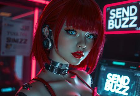 Prompt: score_9, score_8_up, score_7_up, photorealistic, cyberpunk style:0.8, (masterpiece), best quality, 1girl, 18 year old woman, cybernetic girl, (standing on right side of photo, pale white skin, human body, cybernetic arms:0.9, solo, cute round face:0.8, realistic smooth pale white skin:0.9, highly detailed cybernetic blue eyes that glow faintly:0.9,  full pouty lips, parted pils, glossy red lipstick:0.8, bright red hair:0.9, chin length asymmetrical bob haircut with bangs, hair falling over part of her face covering one eye, portrait, red corset, medium round breasts, cleavage, collarbone, bangs, looking_at_viewer, shoulders at an angle to viewer in classic portrait pose, dark futuristic interior background, neon details in background, inside sci-fi looking apartment, large translucent computer monitor has words “SEND BUZZ”:1.5, 
EyesHD, gradient lips a, glossy lips, shimmery eyeshadow, mascara, winged eyeliner, shimmering eyeshadow, realistic