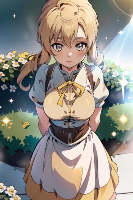 1girl, from_above, solo, Mami Tomoe, (detailed reflective anime style eyes), yellow skirt, golden hour, detailed textures, posing, casual pose, garden, aesthetic, intricate, light rays, sunlight, bokeh, sparkle, shimmer, glitter, sharp focus, <lora:MamiTomoe:1>