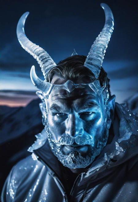 high quality, photo of 40 y.o Scandinavian man, upper body, mask of translucent ice covering half of his face, horns made of ice, detailed face, cinematic shot, dramatic lighting, on a mountain, night sky