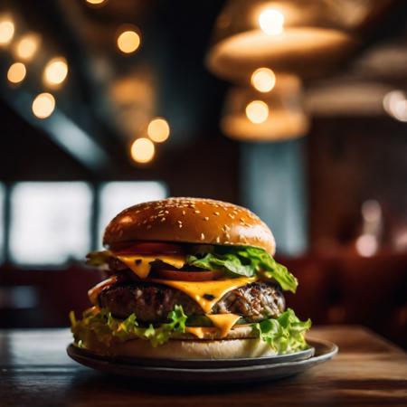 a juicy cheeseburger in a modern,vintage restaurant, tasty, product shoot, focused, detailed