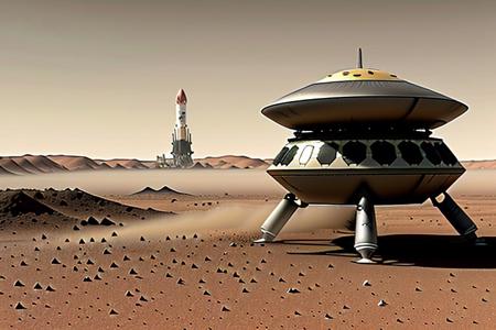 An extraterrestrial alien spacecraft lands on the surface of Mars, ((alien ship is landing in the background)),((Rocket landing engines kick up dust during the landing)), dim sunlight shines through the dust,