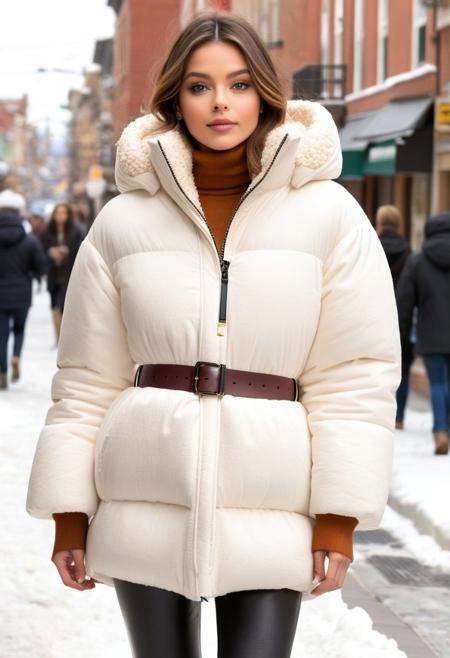(white Oversized sherpa down coat, white Oversized sherpa puffer coat, white Oversized sherpa winter clothes, very very cold, in cold:1.5), semi-realistic, (full length portrait:1.5), (puffer hood:1.5), (fur boots:1.5), (tight pants:1.5), (belt:1.5), sharp eyelid, eyeliner, eyelashes, beautiful detailed eyes, tsurime, short hair, blonde hair, wet hair, (wet:1.5), blue eyes, messy hair, sidelocks, perfect anatomy, (walking:1.5), (town:1.5), (street, daytime, snow, winter, cold winter, snowing:1.5), detailed background, highres, best quality, olive skin, android 18, mother, milf, solo, perfect eyes, perfect face, masterpiece, best quality, finely detailed beautiful eyes and detailed face, ultra-detailed, anextremely delicate and beautiful, intricate details, lovely lips, delicate facial features, blush, 8k_resolution, smile, hair tucking,