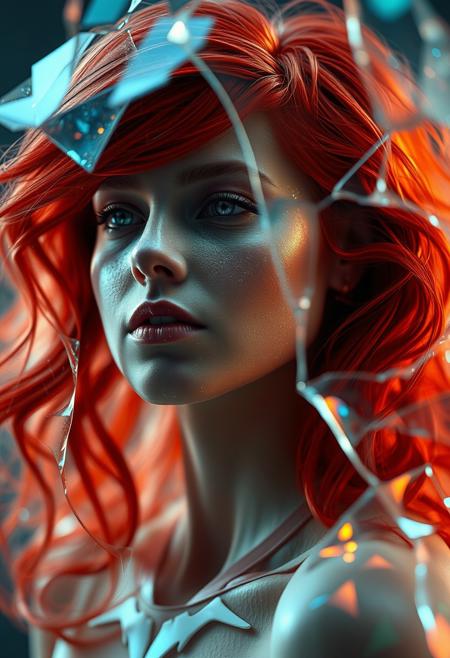 glass textures, a woman with red hair in the style of Tamara de Lampe, mythical, breathtaking beauty, perfection, divine presence, unforgettable, impressive, auras, rays, ultra high quality, masterpiece, sharp focus, depth of field, unreal engine, Broken Glass effect, no background, stunning, mythical being, energy, molecular, textures, iridescent and luminescent scales, breathtaking beauty, perfect, divine presence, unforgettable, impressive, breathtaking beauty, Volumetric light, auras, rays, vivid colors reflects
