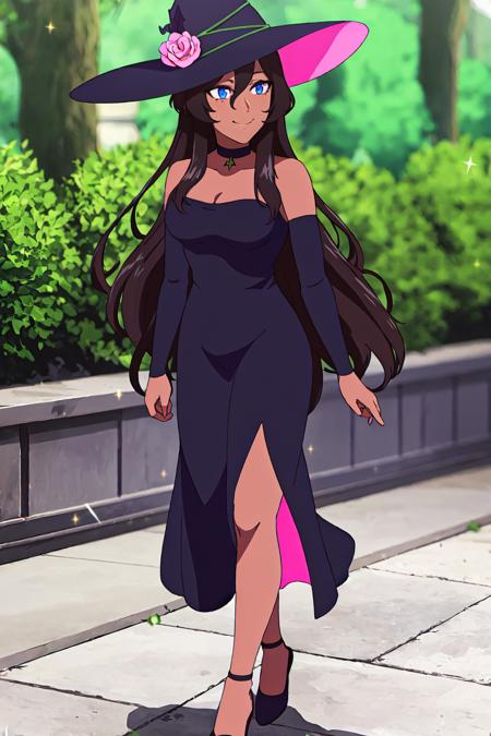 viola, 1girl, solo, black hair, long hair, blue eyes, dark skin, witch, witch hat, smile, choker, mole under left eye, hat flower, pink flower, sparkle, gem, hair between eyes, bare shoulders, black dress, strapless dress, full body, black footwear, bridal gauntlets, cleavage, outdoor, tight  dress, seperated legs
high quality, best quality, ultra detailed, masterpiece, medium breast, <lora:EMS-53119-EMS:0.800000>