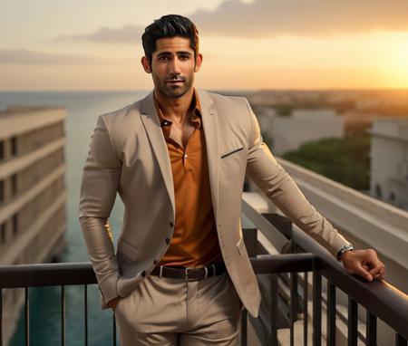 Nautical-themed (Photo:1.3) of (Ultrarealistic:1.3) <lora:Man_Men_FFashion:1> Gilles Marini a man <lora:varun-sood_Gilles-Marini:1> in a tan suit standing on a balcony, sun behind him, inspired by Pablo Munoz Gomez, shot at golden hour, editorial photograph, midshot of a hunky, by Roman Bezpalkiv, by Artur Tarnowski, maxim sukharev, by Gabor Szikszai,Highly Detailed,(Mono Color:1.3) . Sea, ocean, ships, maritime, beach, marine life, highly detailed