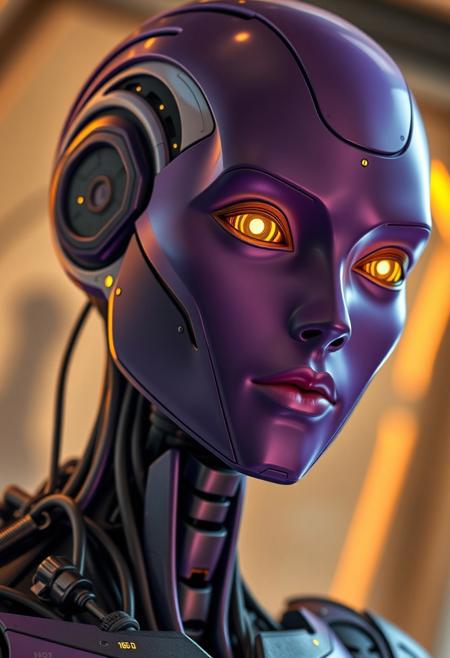 A close-up of a futuristic humanoid android with a sleek, metallic face in shades of purple, grey, and black. The android’s glowing yellow eyes have geometric, mechanical pupils, giving an intense, focused gaze. Its face is smooth and humanlike, but segmented with visible panel lines and printed alphanumeric codes like "163-D" beneath one eye. The lips are matte pink, expressionless and cold. Attached to the side of the head is a cybernetic module with small illuminated symbols, hexagonal grids, and a connector-like structure. The neck transitions into a complex, dark mechanical collar made of layered, textured materials with cables and joints. The background is softly blurred with warm beige-yellow lighting and indistinct futuristic shapes, suggesting a sci-fi indoor setting. The overall mood is high-tech, enigmatic, and slightly ominous.