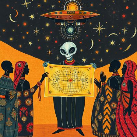tribal ethnic abstract organic indigenous, elegant extraterrestrial being meeting with people of Dogon tribe surrounding welcoming, holding chart of stars, painting made of natural dyes on textured textile cloth, style of Mali West-Africa, comprised of primitive abstract organic forms with vibrant natural colors, overhead spaceship from Sirius dogstar