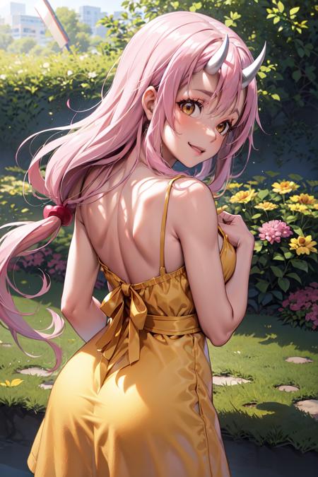 masterpiece, best quality, absurdres, ShunaTensura, low-tied long hair, oni horns, from behind, (yellow sundress), garden, day, sunshine, smile, looking back, <lora:ShunaTensura:1.0>