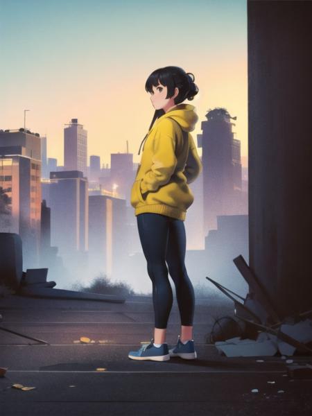 (best quality, masterpiece:1.1), 1girl, black hair, yellow hoodie, (ruins:1.2), abandoned city, outdoors,<lora:NoiseFormBeta:0.9>