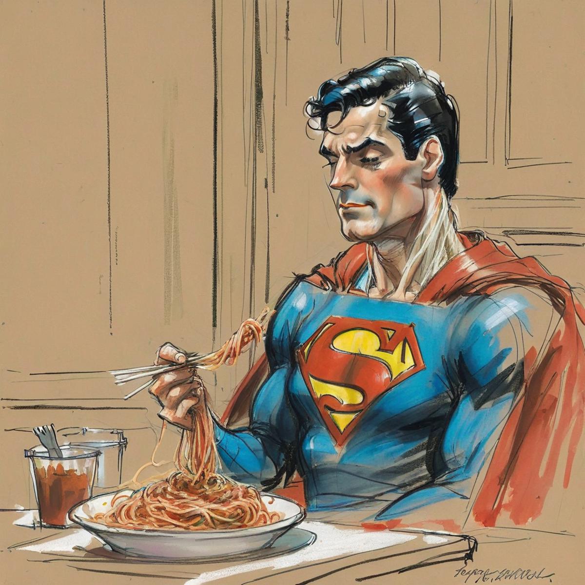 A Superman cartoon eating spaghetti with chopsticks.