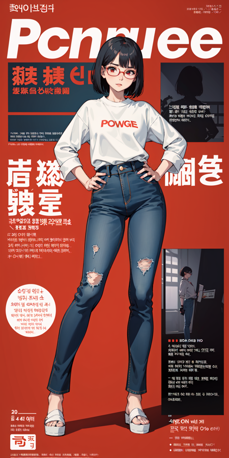 1girl, full body, jeans, poster, pop art, magazine cover, red background, standing pose, hands on hips, red eyes, glasses, bobcut, black hair, white shirt, text, magazine, (magazine scan:1.2), japanese text, chinese text, korean text