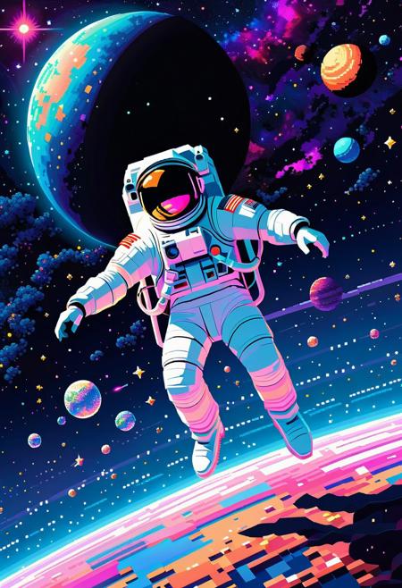 Cosmic 8-bit pixel art, medium shot, astronaut floating in deep space with the Earth in the background, surrounded by stars and galaxies. pixelated stars and planets, bright glowing nebulas, vibrant pastel colors. bold geometric shapes and clean lines. A glowing crescent moon illuminates the astronaut's suit. A dreamy, ethereal atmosphere. Low-poly textures, atmospheric particles, breathtaking celestial vistas, jaw-dropping digital art, top-notch graphics, otherworldly landscapes, pixel art mastery, Hi-Res pixel art, heavenly scenery, incredibly detailed galaxies.