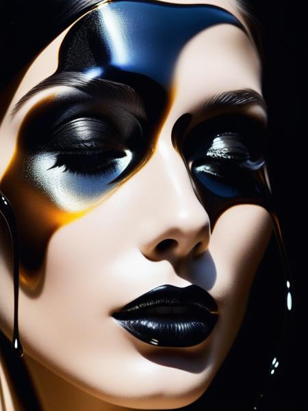 A mesmerizing close-up illustration depicts a woman metamorphosed by enigmatic forces from black liquid oil, showcasing smooth lines and an exquisite interplay of light and shadow. This fantastically bright creation, while seemingly simple, holds intricate layers of meaning. The artwork captivates with its intricate beauty, emphasizing minute elements, and as the light gracefully falls, it crafts an even more captivating image. High-quality detailing and finesse are evident throughout, creating a truly enchanting piece.