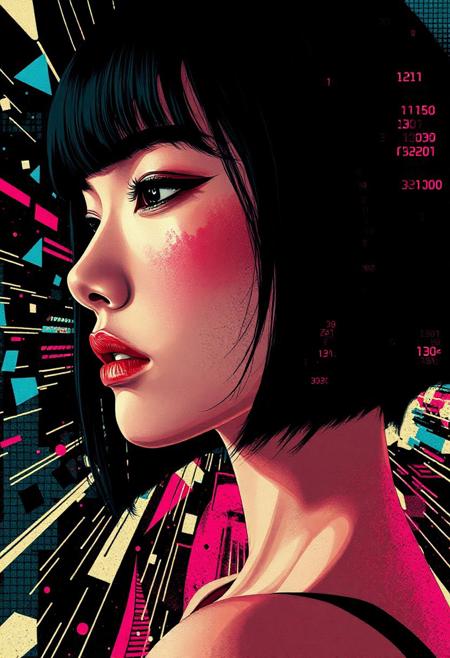 Rendered in bold, expressive pop-art style with abstract overlays, double exposures and halftone textures, this extreme close-up captures the profile of a young Japanese cyborg woman. Her ceramic faceplate is delicately crafted—porcelain-smooth with faint microfractures, seamlessly blending with patches of exposed synthetic muscle beneath the cheek and jaw. Her natural black hair cascades in a sharply cut bob, contrasting against the sleek, mechanized beauty of her face. Her averted gaze is framed by a dramatic stroke of matte obsidian eyeshadow and subtle circuitry beneath the skin, glowing faintly like embers. The background erupts into a hyper-stylized cyberspace collage: shattered LED panels, floating kanji code, and amorphous bursts of electric fuchsia and aquamarine. The mood is erotically charged yet eerily serene—a tribute to both sensual human elegance and futuristic design, evoking a blend of Roy Lichtenstein’s pop aesthetic with cybernetic minimalism.