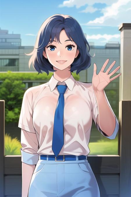 ultra high res,8k, RAW photo, best quality, masterpiece,detailed,looking at viewer,1girl,solo, <lora:gjj_duoxi-000020:0.7>,short hair,blue hair,necktie,outdoors,school uniform,shirt,short hair,smile,solo,waving,white shirt,