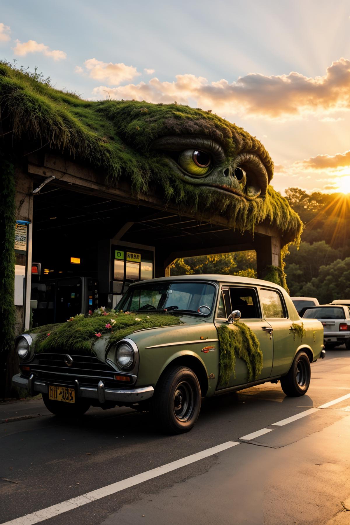 An old green car covered in moss and flowers, parked in front of a green monster or alien.