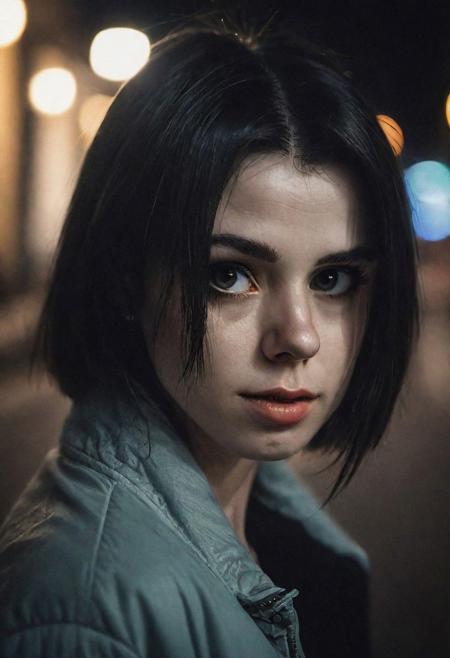 Portrait face Solo female ciborg in city, photograph ,pale beautiful Irish woman, black hair,  beautifull eyes, night time, cinematic composition,  cinematic filtering