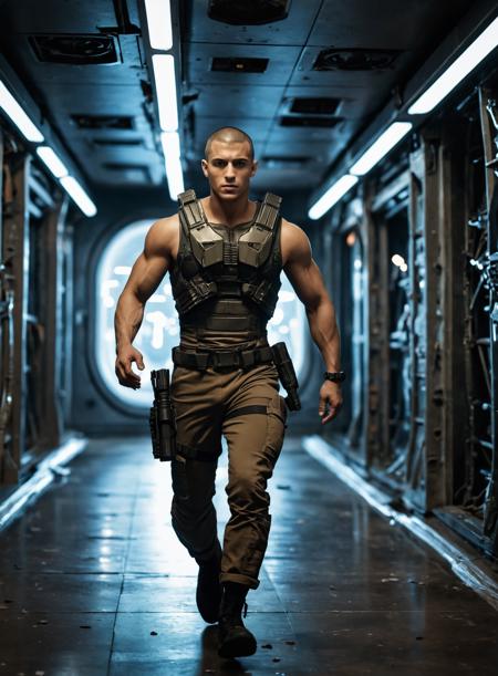 handsome,male,Lebanese,Mexican,buzz cut,27 years old,(muscular:0.5),indoors,running,desolate spaceship,pulse rifle,science fiction,realistic photograph,cinematic_lighting,night,