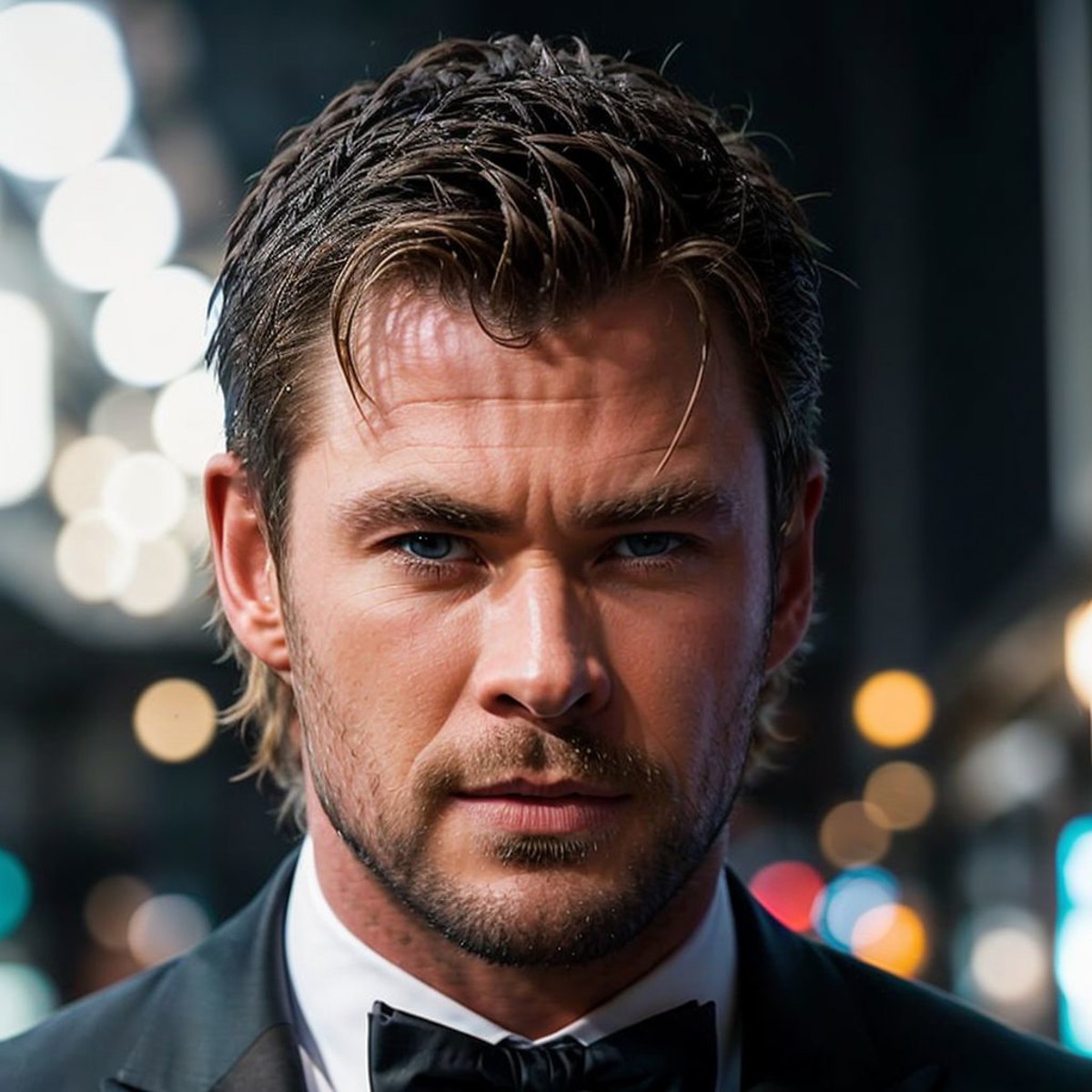 face portrait of chrishemsworth person using a tuxedo, in blade runner, professional photography, high resolution, 4k, det...